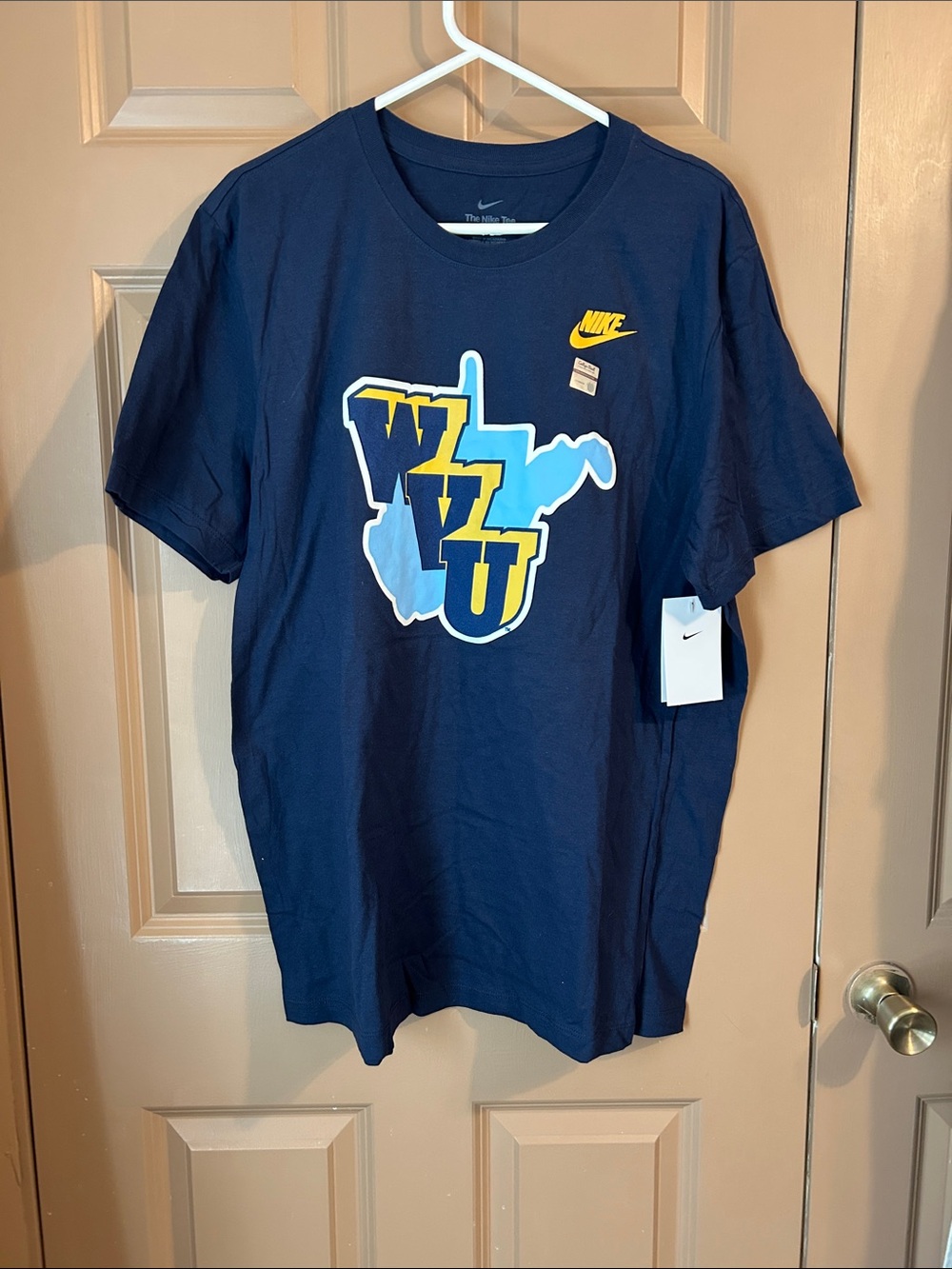 Nike Kids Navy Blue WVU Outline Graphic Tee with Yellow Logo
